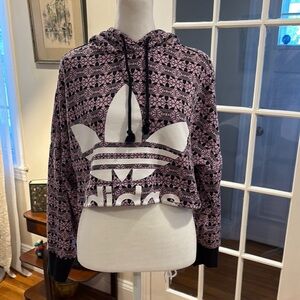 Adidas Trefoil all over print cropped sweatshirt w/hood.  Pink & black. Size XS